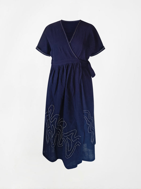 indigenous organic cotton wrap dress blue (large)