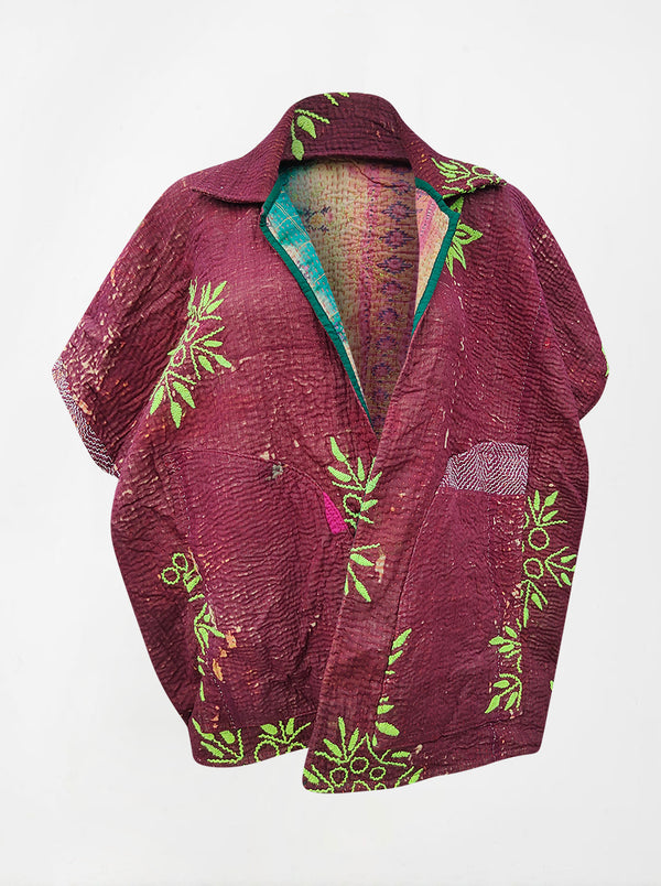 kantha vintage reversible short poncho beena (shravan)